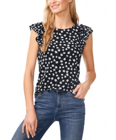 Women's Double Ruffled-Sleeve Printed Top Rich Black $21.55 Tops