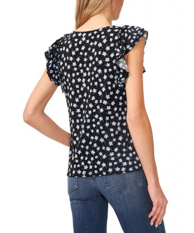 Women's Double Ruffled-Sleeve Printed Top Rich Black $21.55 Tops