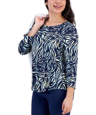 Petite Zebra-Print 3/4-Sleeve Top Blue $13.56 Tops