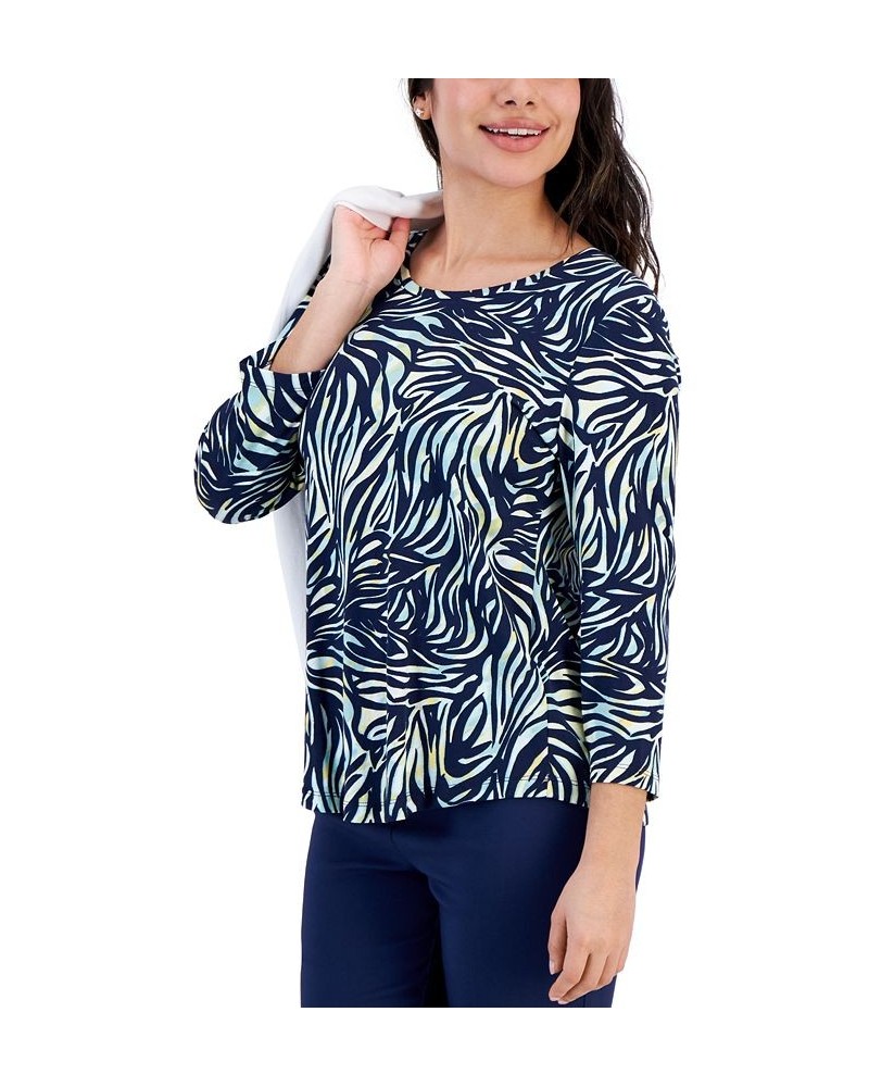 Petite Zebra-Print 3/4-Sleeve Top Blue $13.56 Tops