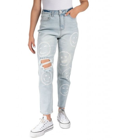 Juniors' Super-High-Rise Distressed Smiley-Print Basic Mom Jeans Light Blue $15.00 Jeans