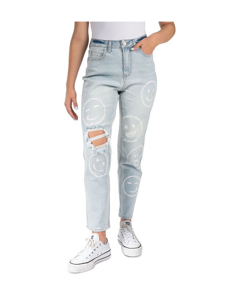 Juniors' Super-High-Rise Distressed Smiley-Print Basic Mom Jeans Light Blue $15.00 Jeans