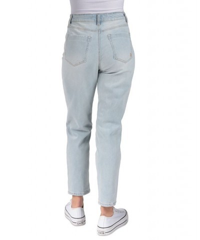 Juniors' Super-High-Rise Distressed Smiley-Print Basic Mom Jeans Light Blue $15.00 Jeans