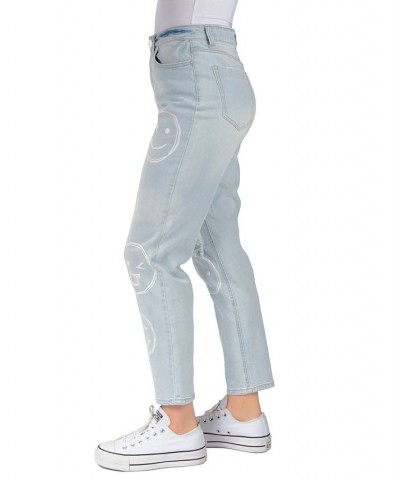 Juniors' Super-High-Rise Distressed Smiley-Print Basic Mom Jeans Light Blue $15.00 Jeans