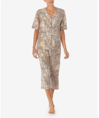 Women's Cropped 3/4 Sleeve Pajamas Cream Leopard $41.83 Sleepwear