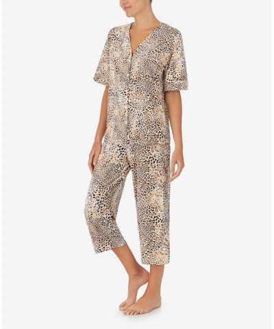 Women's Cropped 3/4 Sleeve Pajamas Cream Leopard $41.83 Sleepwear