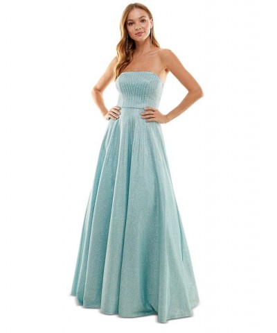 Juniors' Rhinestone Lace-Up-Back Strapless Gown Light Blue/Silver $50.40 Dresses