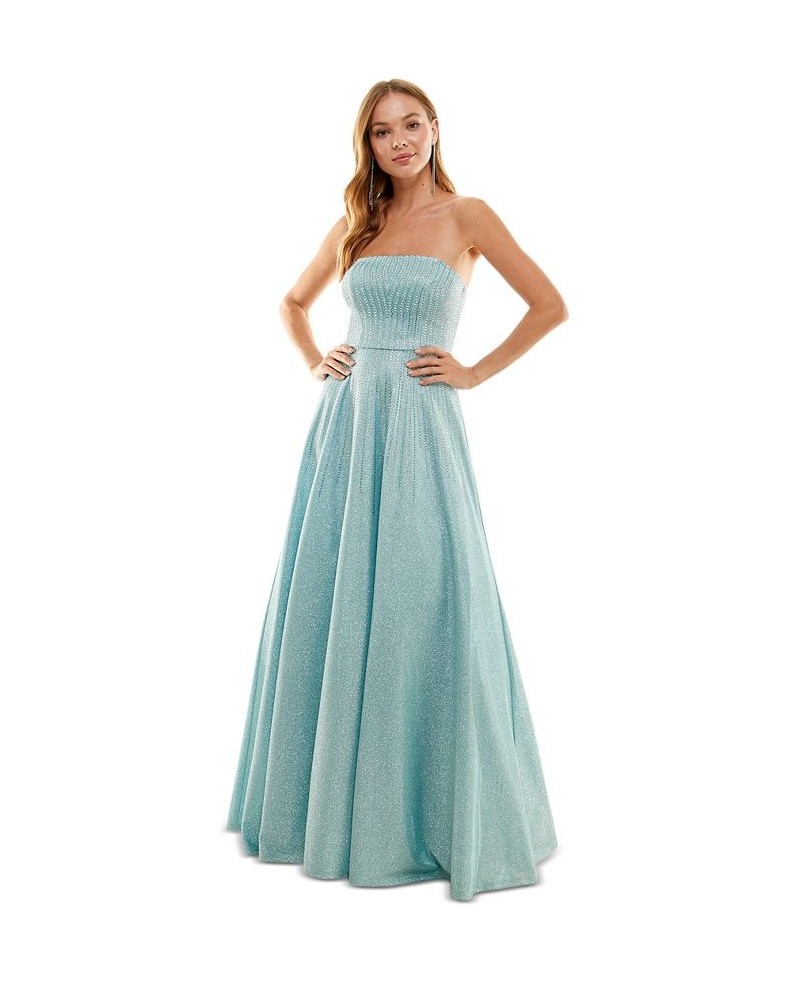 Juniors' Rhinestone Lace-Up-Back Strapless Gown Light Blue/Silver $50.40 Dresses