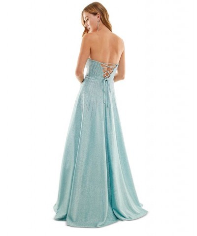 Juniors' Rhinestone Lace-Up-Back Strapless Gown Light Blue/Silver $50.40 Dresses