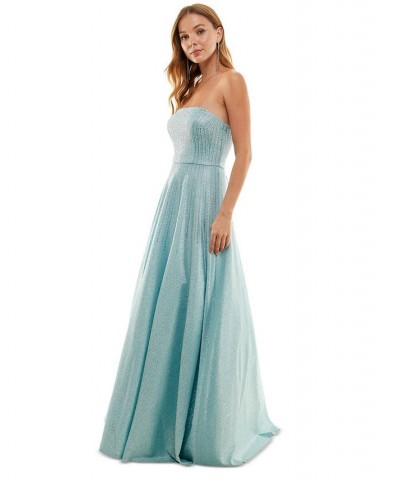 Juniors' Rhinestone Lace-Up-Back Strapless Gown Light Blue/Silver $50.40 Dresses