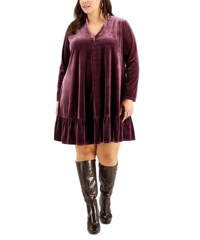 Plus Size Velvet Long-Sleeve A-Line Dress Wine Tasting $31.74 Dresses