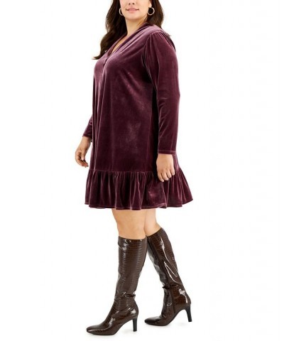 Plus Size Velvet Long-Sleeve A-Line Dress Wine Tasting $31.74 Dresses