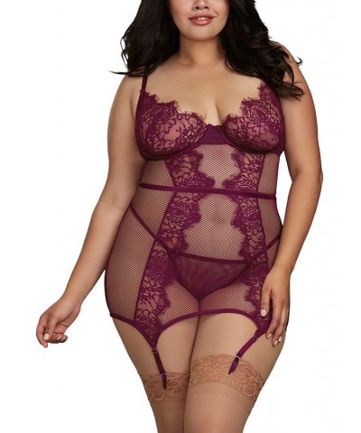 Plus Size Fishnet and Eyelash Lace Garter 2pc Lingerie Set Mulberry $29.15 Lingerie