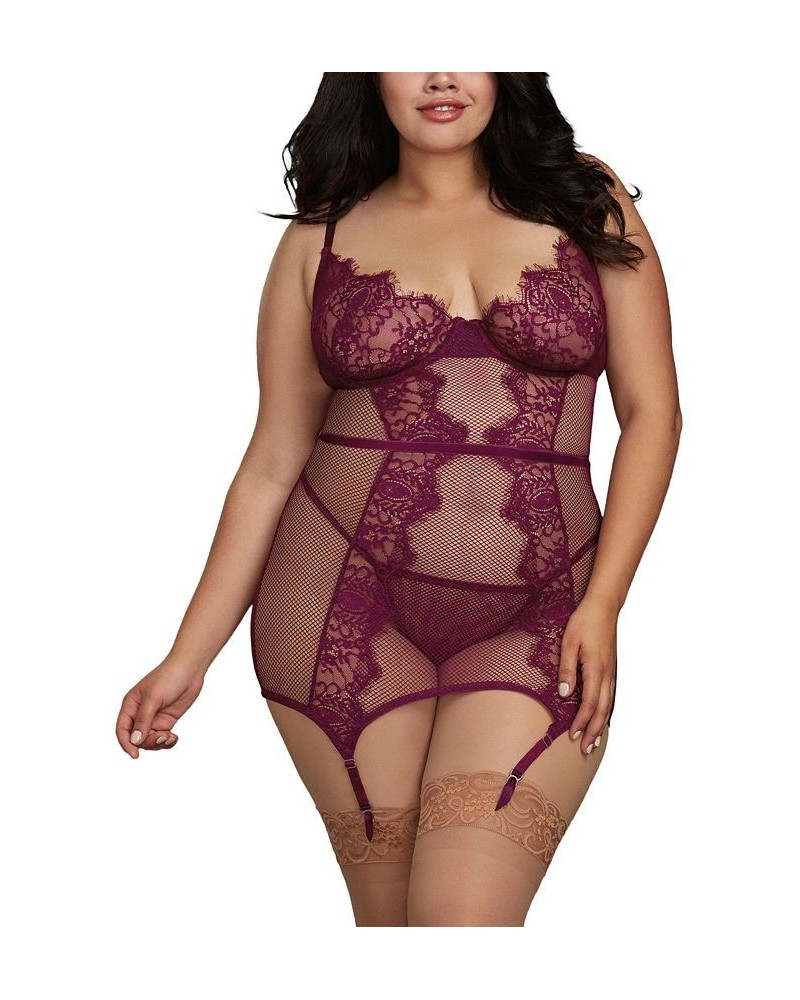 Plus Size Fishnet and Eyelash Lace Garter 2pc Lingerie Set Mulberry $29.15 Lingerie