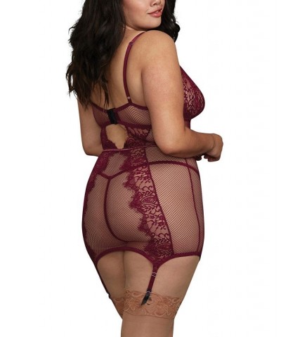 Plus Size Fishnet and Eyelash Lace Garter 2pc Lingerie Set Mulberry $29.15 Lingerie