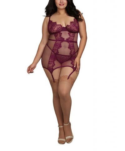 Plus Size Fishnet and Eyelash Lace Garter 2pc Lingerie Set Mulberry $29.15 Lingerie