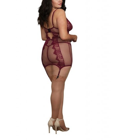 Plus Size Fishnet and Eyelash Lace Garter 2pc Lingerie Set Mulberry $29.15 Lingerie