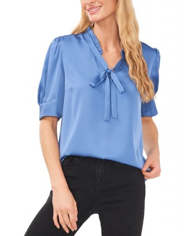 Women's Tie-Neck Short-Puff-Sleeve Top Blue $29.27 Tops