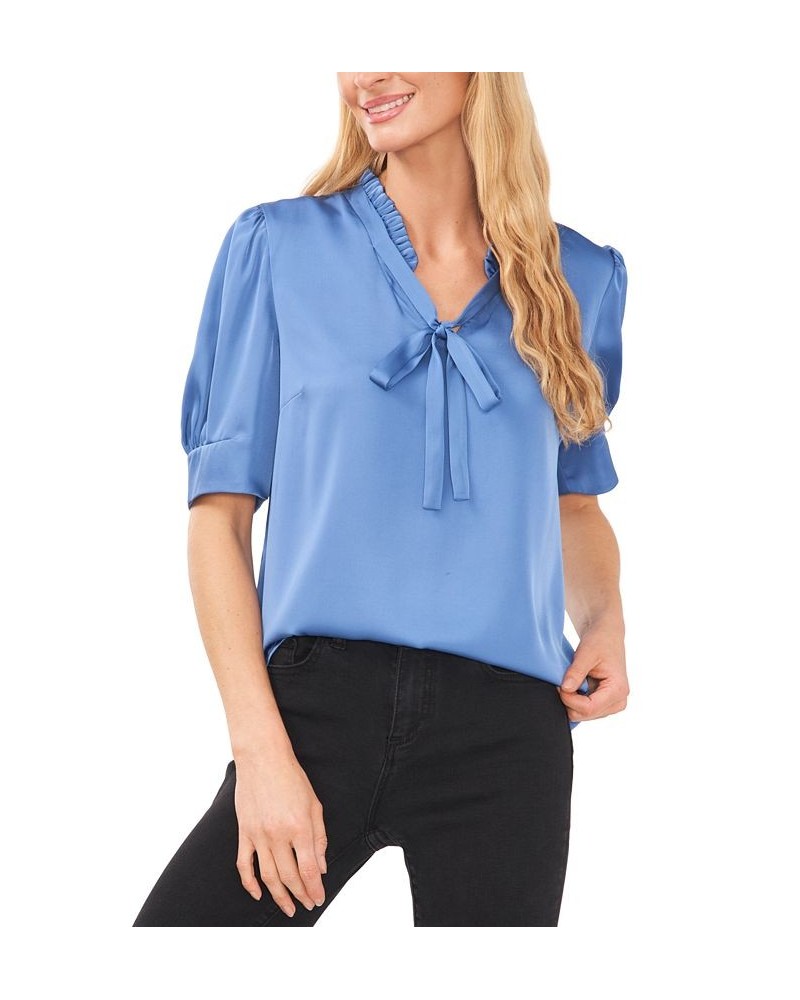 Women's Tie-Neck Short-Puff-Sleeve Top Blue $29.27 Tops