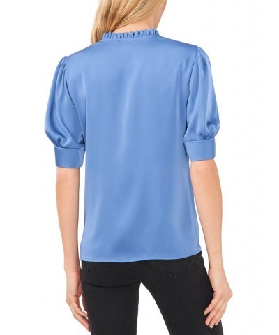 Women's Tie-Neck Short-Puff-Sleeve Top Blue $29.27 Tops