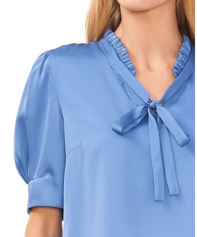 Women's Tie-Neck Short-Puff-Sleeve Top Blue $29.27 Tops