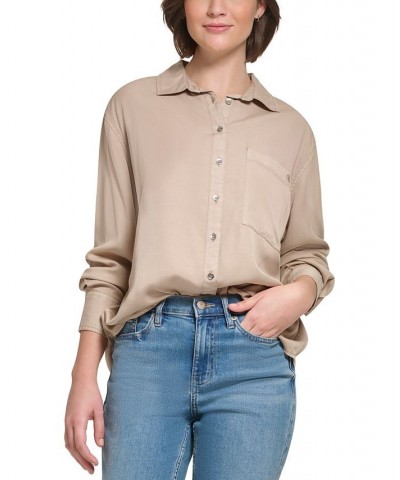 Women's Button-Front Boyfriend Shirt Tan/Beige $21.89 Tops