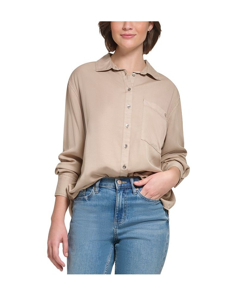 Women's Button-Front Boyfriend Shirt Tan/Beige $21.89 Tops