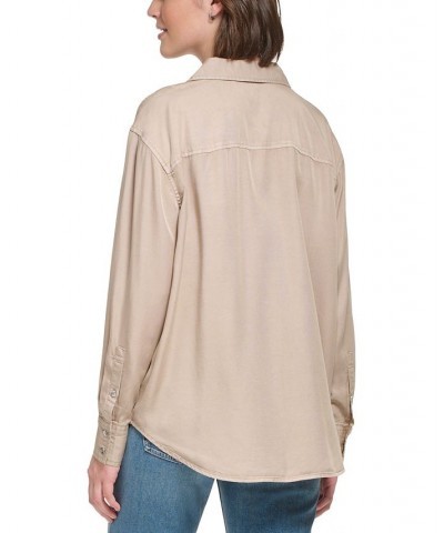 Women's Button-Front Boyfriend Shirt Tan/Beige $21.89 Tops