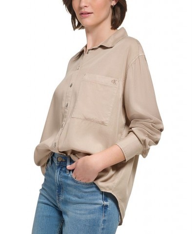 Women's Button-Front Boyfriend Shirt Tan/Beige $21.89 Tops