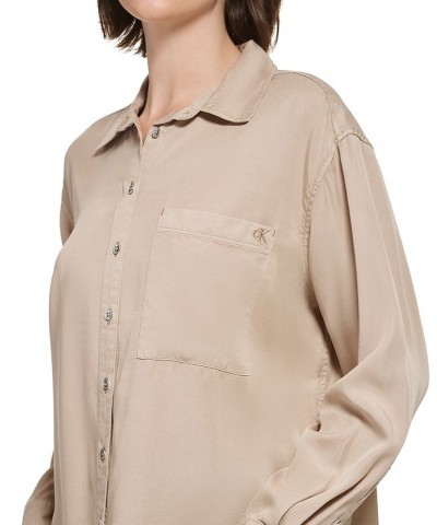 Women's Button-Front Boyfriend Shirt Tan/Beige $21.89 Tops