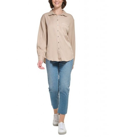 Women's Button-Front Boyfriend Shirt Tan/Beige $21.89 Tops