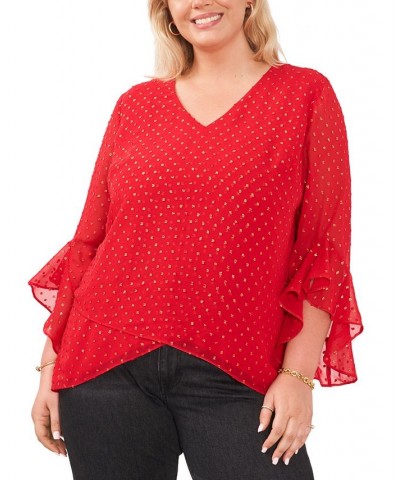 Plus Size Textured Flutter-Sleeve Top Red $24.99 Tops