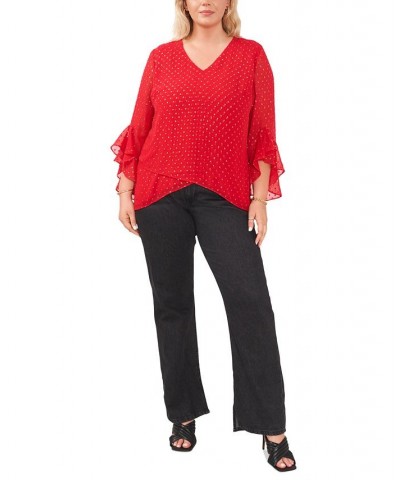 Plus Size Textured Flutter-Sleeve Top Red $24.99 Tops