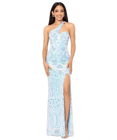 Juniors' Sequined High-Slit Asymmetrical Gown Blue Multicolor $85.47 Dresses