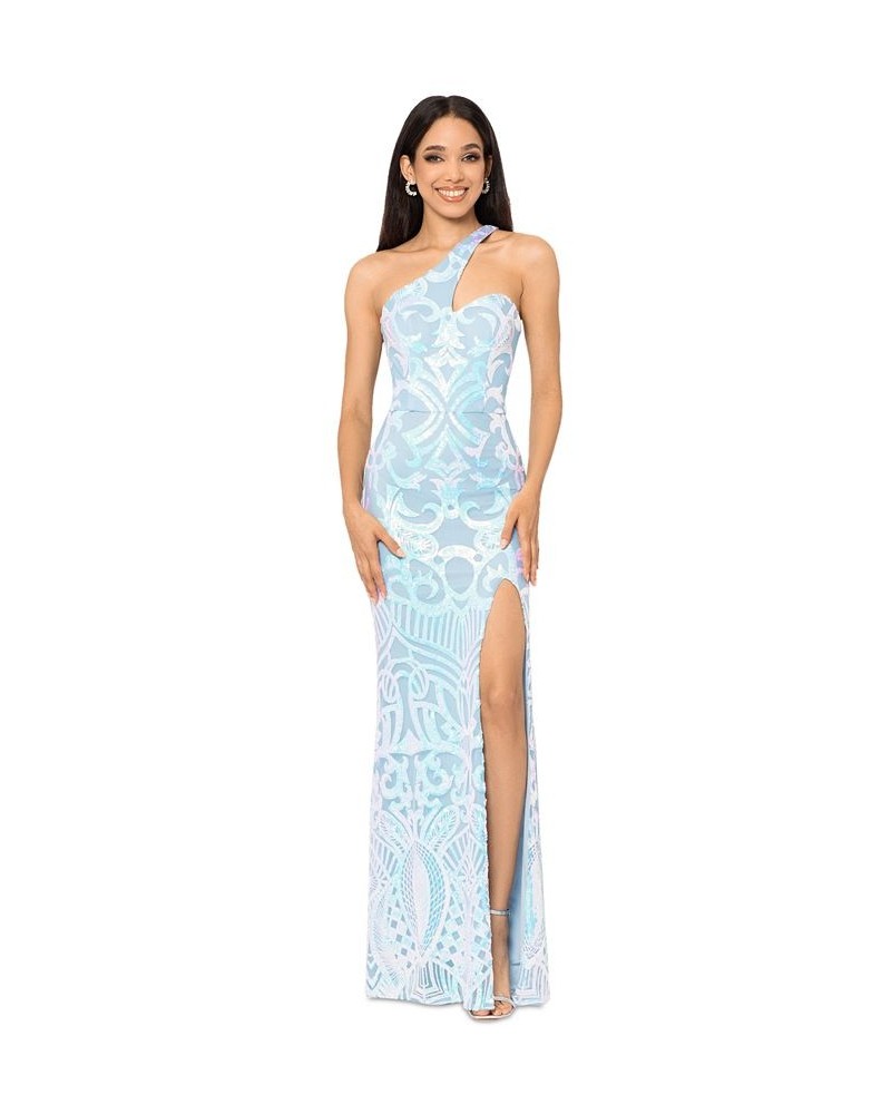 Juniors' Sequined High-Slit Asymmetrical Gown Blue Multicolor $85.47 Dresses