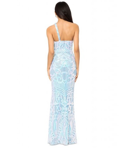 Juniors' Sequined High-Slit Asymmetrical Gown Blue Multicolor $85.47 Dresses