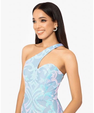 Juniors' Sequined High-Slit Asymmetrical Gown Blue Multicolor $85.47 Dresses