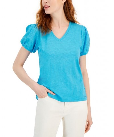 Women's Short Sleeve Eyelet V-Neck Top Tan/Beige $27.80 Tops