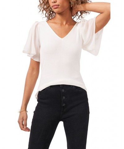 Women's Flutter Short Sleeve V-Neck Knit Top Soft Ecru $30.78 Tops