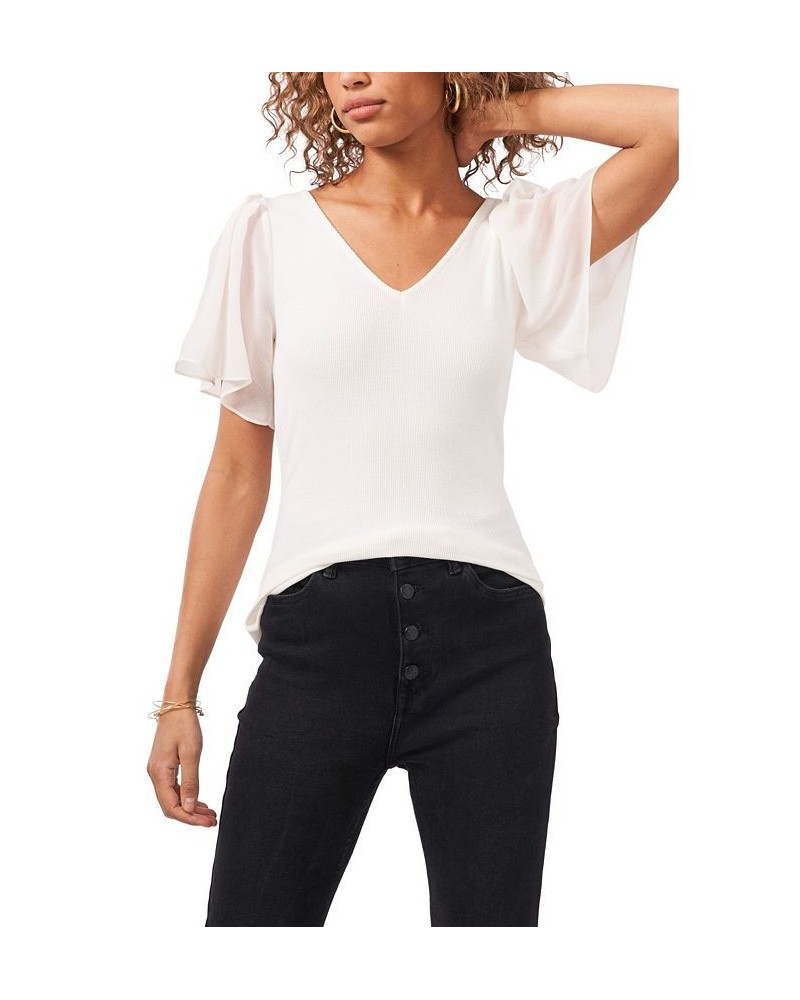 Women's Flutter Short Sleeve V-Neck Knit Top Soft Ecru $30.78 Tops