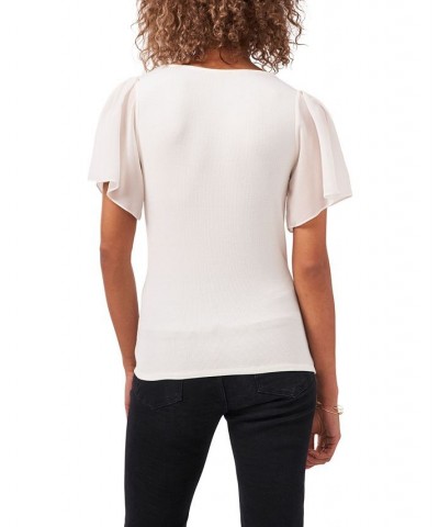 Women's Flutter Short Sleeve V-Neck Knit Top Soft Ecru $30.78 Tops