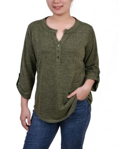 Petite 3/4 Roll Tab Sleeve Pintuck Top Olivine $14.40 Tops