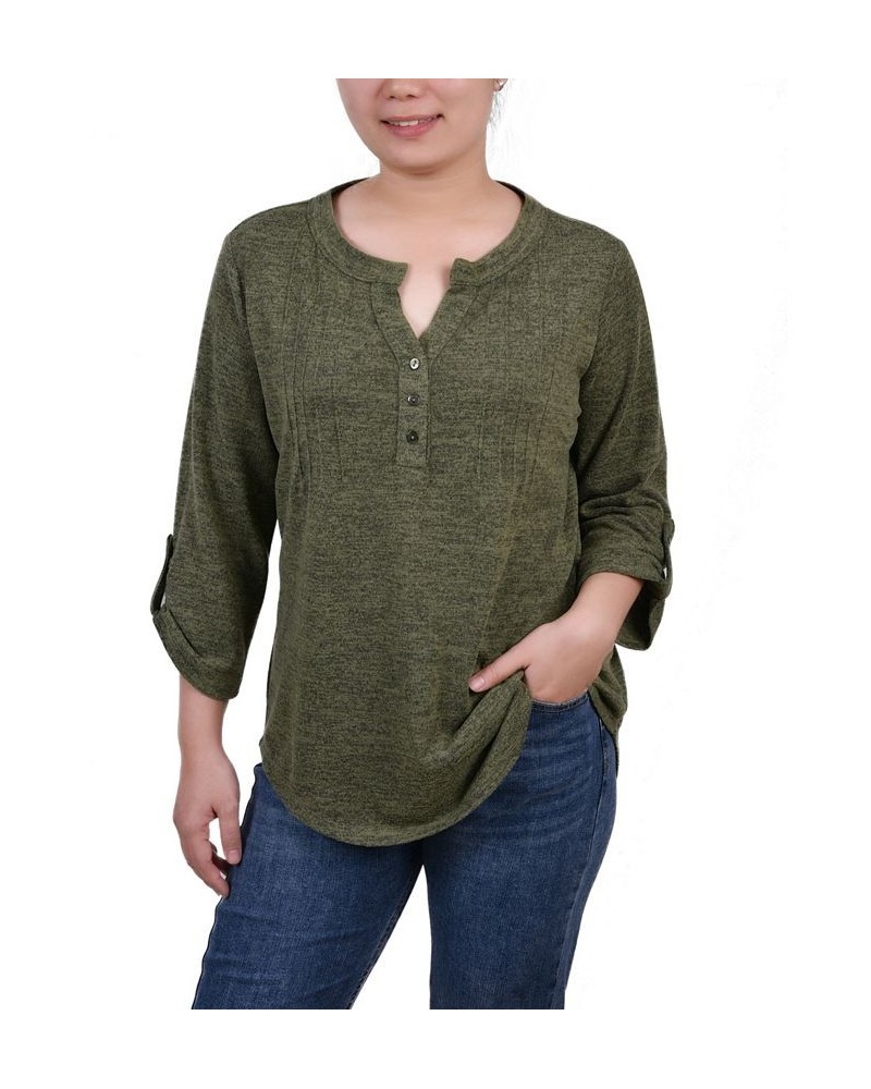 Petite 3/4 Roll Tab Sleeve Pintuck Top Olivine $14.40 Tops