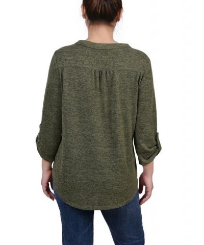 Petite 3/4 Roll Tab Sleeve Pintuck Top Olivine $14.40 Tops