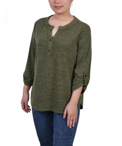 Petite 3/4 Roll Tab Sleeve Pintuck Top Olivine $14.40 Tops