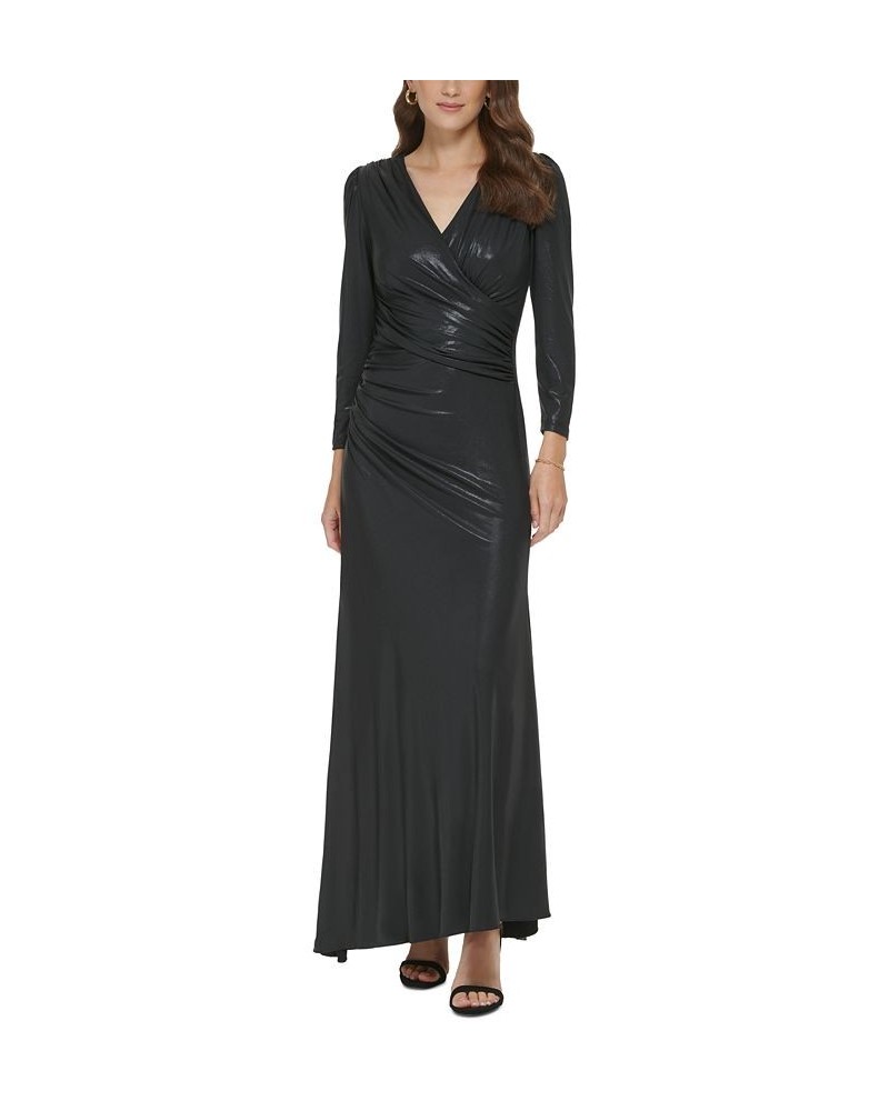 Women's V-Neck Long-Sleeve Draped Jersey Gown Black $77.70 Dresses