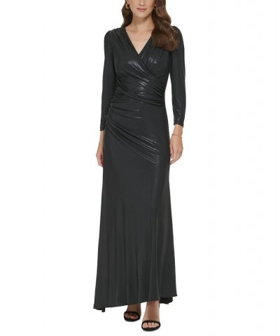 Women's V-Neck Long-Sleeve Draped Jersey Gown Black $77.70 Dresses