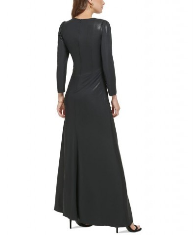 Women's V-Neck Long-Sleeve Draped Jersey Gown Black $77.70 Dresses