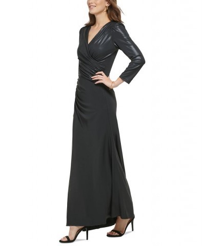 Women's V-Neck Long-Sleeve Draped Jersey Gown Black $77.70 Dresses