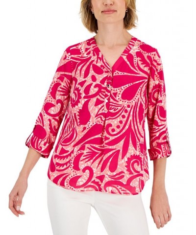 Petite Swirl-Print Roll-Tab-Sleeve Utility Top Pink $10.76 Tops